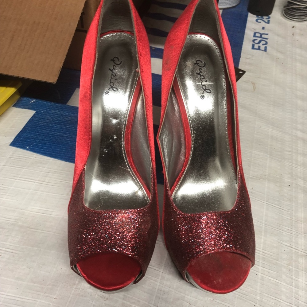 Red satin heels glitter toes